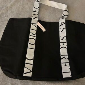Victoria's Secret Large Black Canvas Tote Bag with Logo Straps NEW
